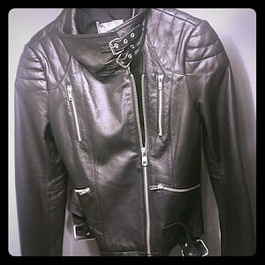 Funnel collar genuine leather jacket